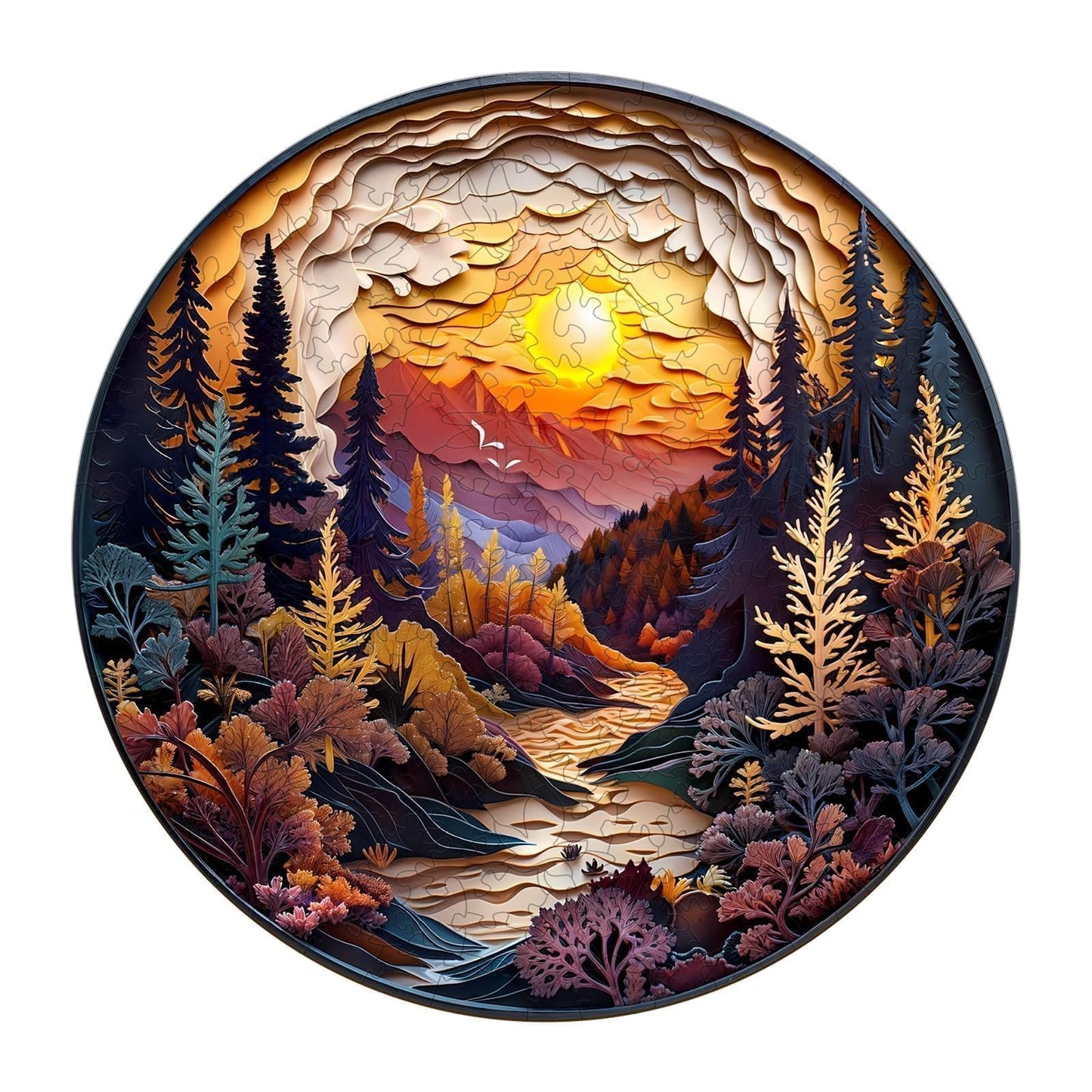 Wooden Puzzles for Adults - Sunset Forest Puzzle, Flat Puzzle with 3D Visual Effect, Unique Shape Wooden Jigsaw Puzzles, Good Gi