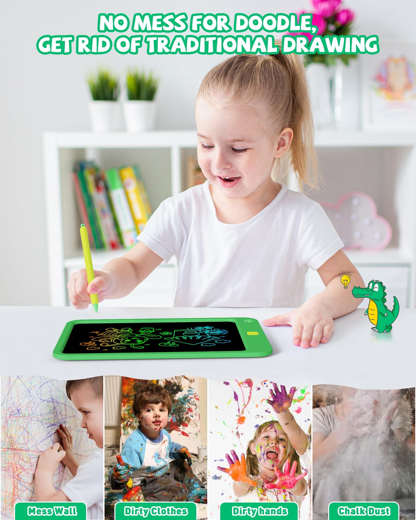 Kokodi Lcd Writing Tablet For Kids, 10 Inch Colorful Drawing Tablet, Educational Learning Kids Toys For Age 3-12 Years Old, Toddler Doodle Board,Green