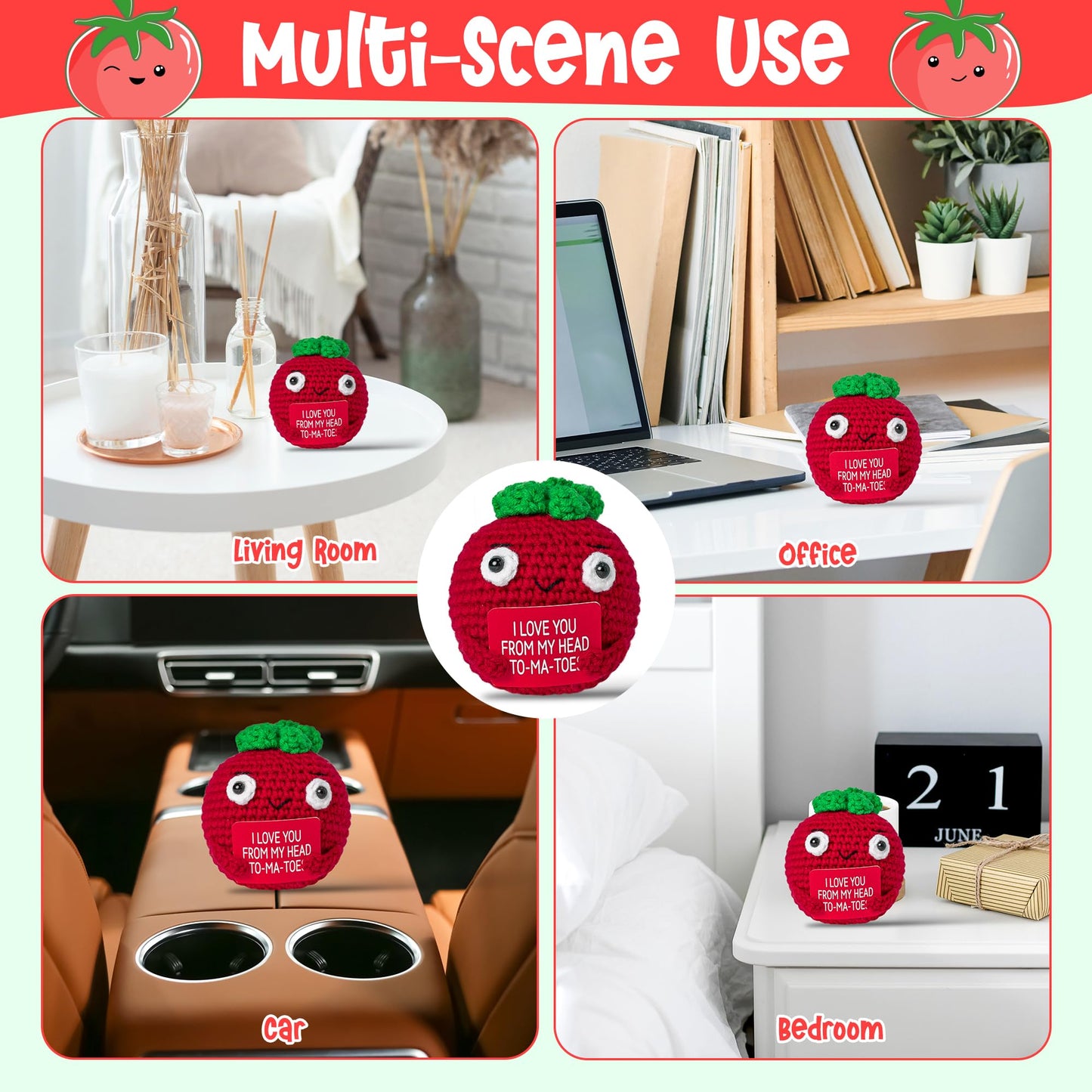 DJianrang Handmade Positive Tomato Crochet Doll with Encouragement Words Card, Mini Plush Knitted Crochets Toy Cute Emotional Su