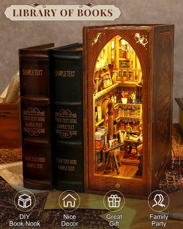 Ourmiao Book Nook Kit Library, Diy Booknooks Kit For Adults Teens With Sensor Lights, Bookshelf Diorama Miniature Scenes Insert