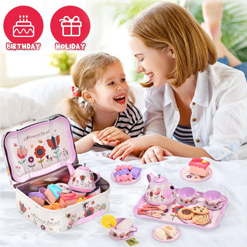 Lajeje 52-Piece Tea Party Set for Little Girls, Pretend Kitchen Toy for Kids 3 4 5 6 Year Old, Girls Toys with Tin Tea Set, Dess