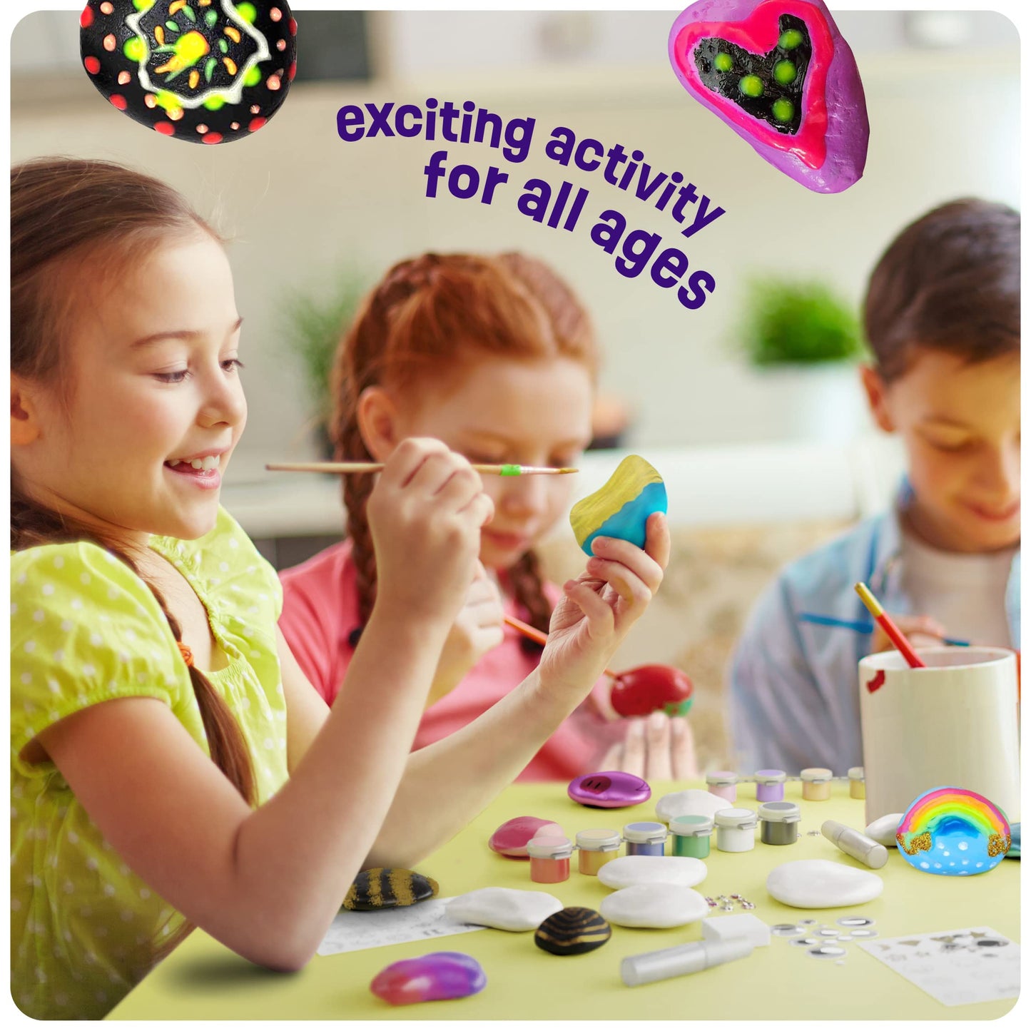 Dan&Darci Kids Rock Painting Kit - Glow in The Dark - Large Arts & Crafts Set for Ages 6-12 - Creative Gold, Silver, White Art Toys