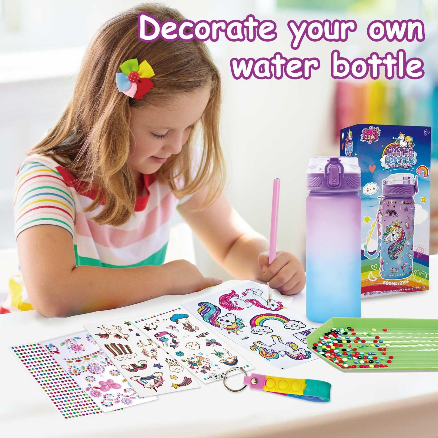 Toys For 4-6-8-10-12 Year Old Girls Kids, Decorate Your Own Water Bottle Kits For Girls, Unicorn Gem Diamond Painting Arts And Crafts Birthday Gifts For 3-10 Year Old Girls (Unicorn 600Ml)