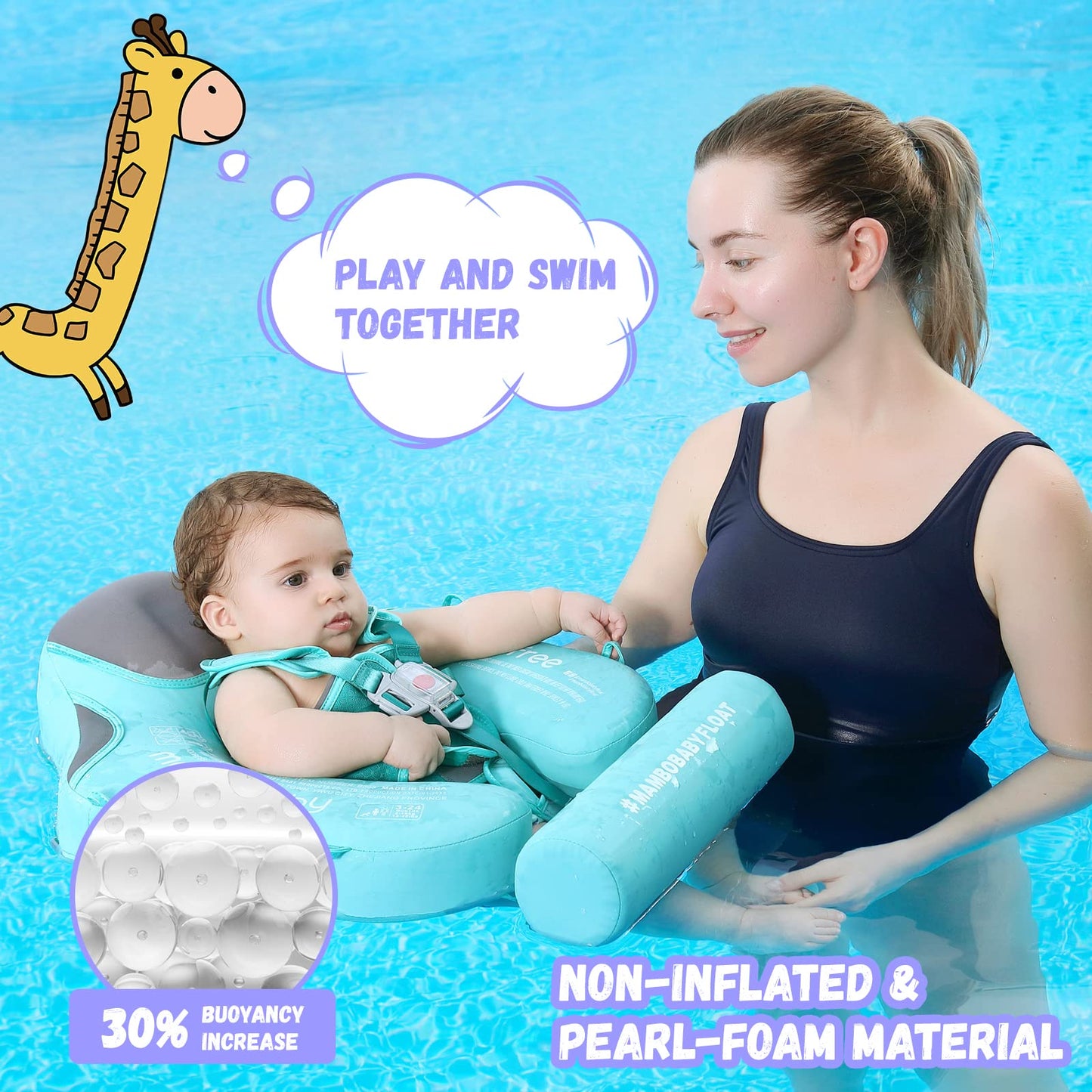 Genteaco Newest Mambobaby Baby Swim Float With Canopy Non-Inflatable Infant Pool Float With Tail 3-24 Months Avoid Flip Solid Sk
