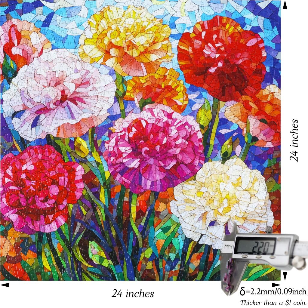 Bgraamiens Puzzle-Carnation-1000 Pieces Stained Glass Puzzle For Adults, Stained Glass Flowers Art Puzzle With Blooming Carnations, Impossible Puzzle Color Challenge Puzzle For Adults