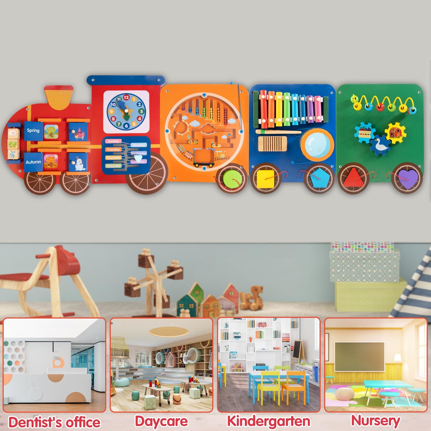 Train Activity Wall Busy Board Panels | 11-in-1 Wooden Sensory Wall Panel for Kids, Toddler Montessori Learning Activity Center,