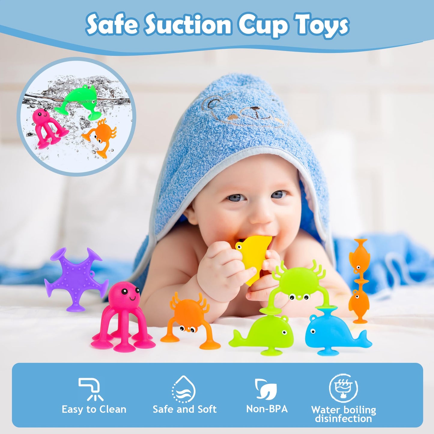 Baby Suction Cup Toys, 18 Pcs Silicone Ocean Animals Suckers With Mesh Bag Storage, No Hole Mold Free Bath Toys For Kids Ages 4-8, Sensory Window Travel Toys For Toddlers Boys Girls 3 4 5 6 Year Old