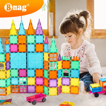 Bmag Magnetic Tiles, 120 Pcs Magnetic Building Blocks, 3D Magnet Tiles For Kids Boys Girls, Stem Construction Building Set, Stacking Toys With 2 Car