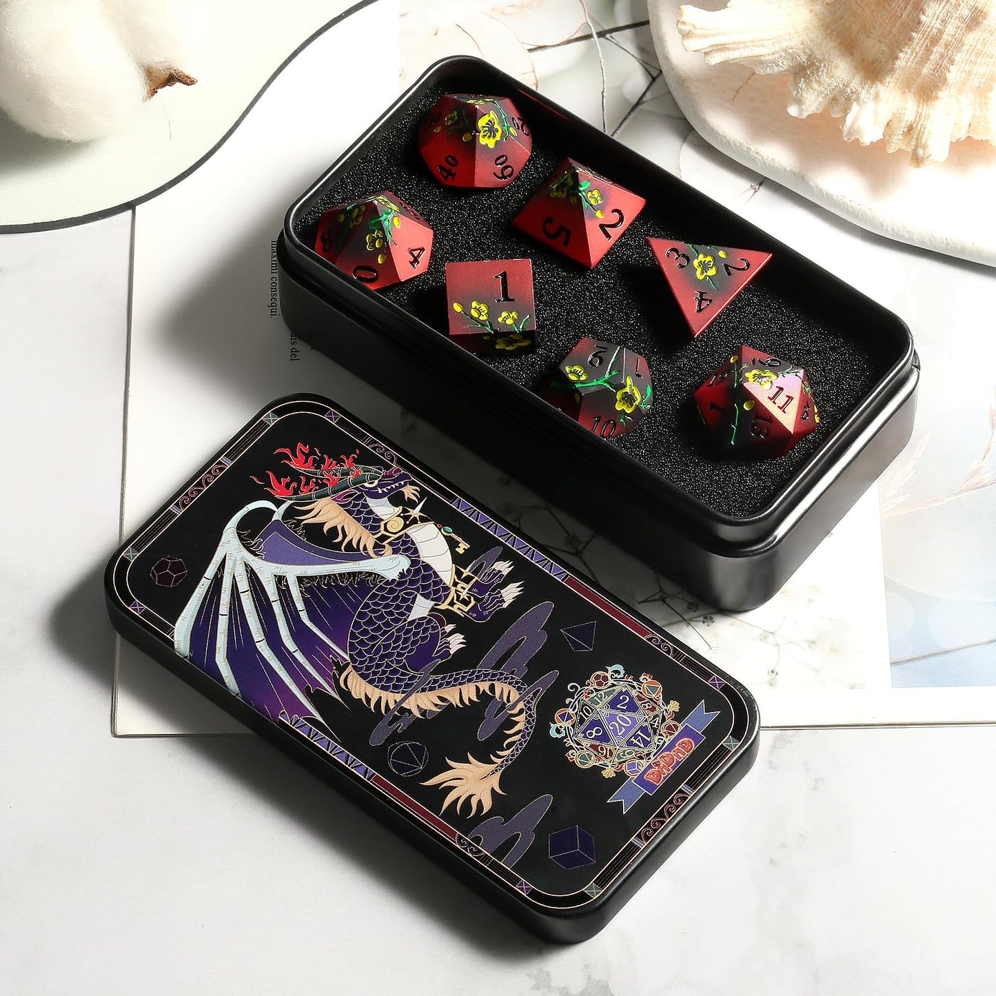 DNDND Metal Dice, 7 PCS Metallic Flowers D&D Dice with Gorgeous Gift Case for D&D Dungeons and Dragon Tabletop Game (Red and Yel