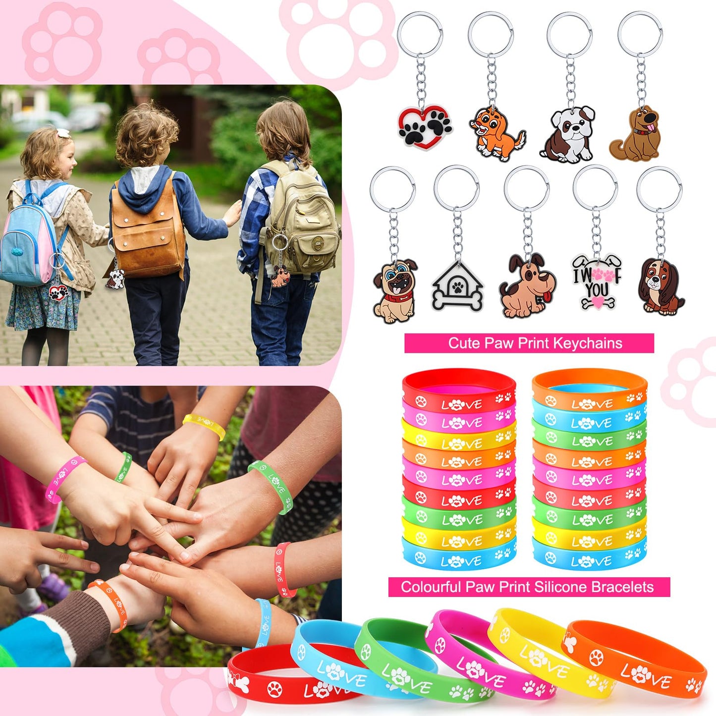 Gejoy 178 Pcs Dog Paw Party Favors Set Includes Paw Straws Cups Silicone Bracelet Keychain Stamper Sticker Pendant Chain Thank Y