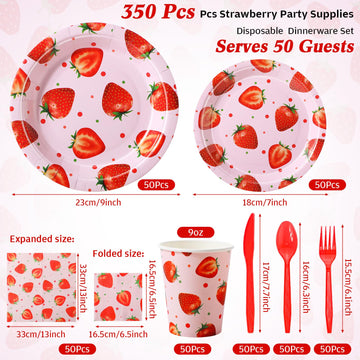 Ziliny 350 Pcs Strawberry Party Supplies Tableware Set Disposable 9 7 Paper Plates 9 oz Cups Cutlery Napkins Dinnerware