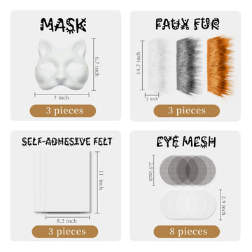 Therian Mask Kit With Fur & Eye Mesh And Fuzzy Fabric,Diy Cat Mask All-In-One To Paint, Blank White Mask For Halloween Masquerad