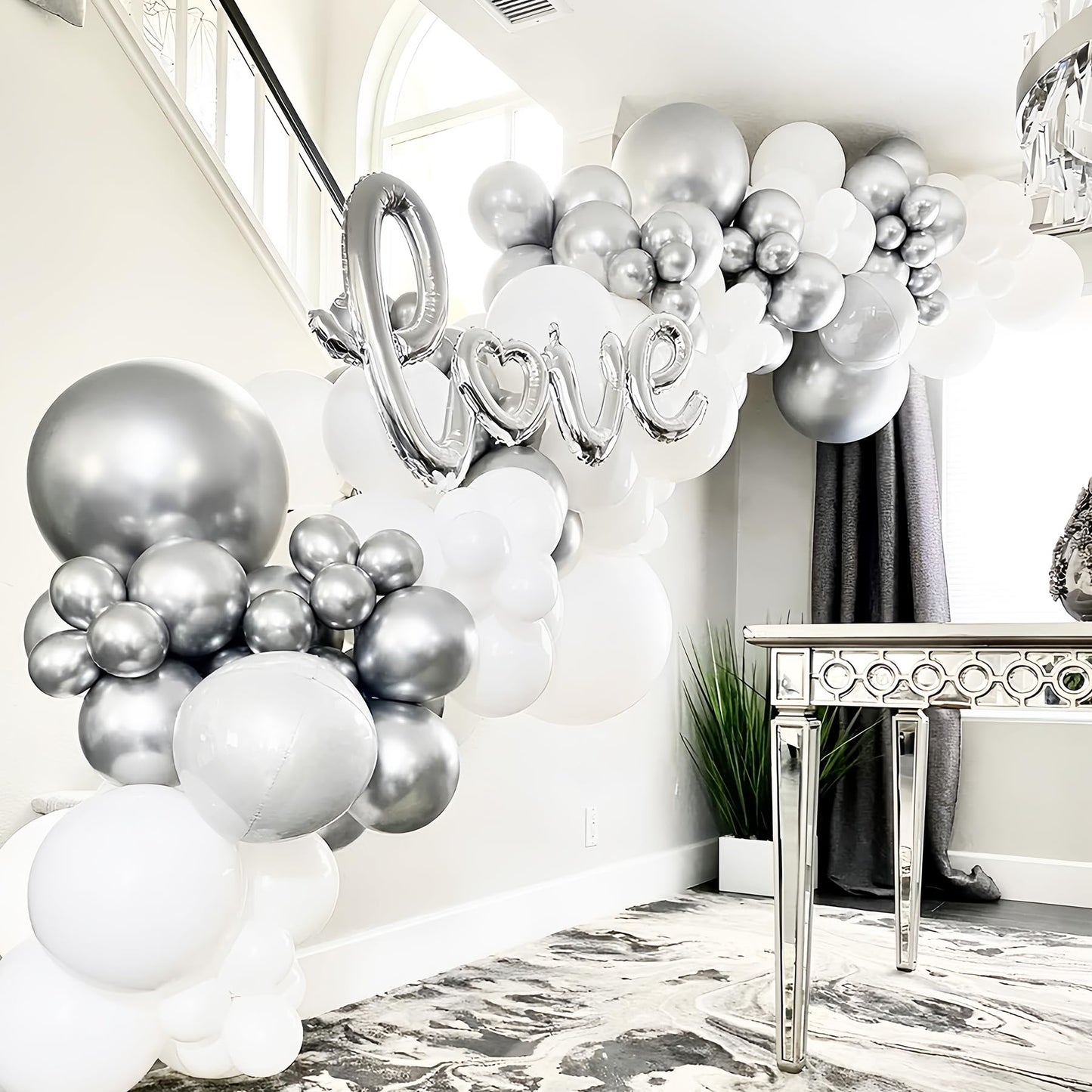 Voircoloria 130Pcs Metallic Silver Balloons Different Sizes 18'' 12'' 10'' 5'' Chrome Silver Balloon Garland Arch Kit For Gradua