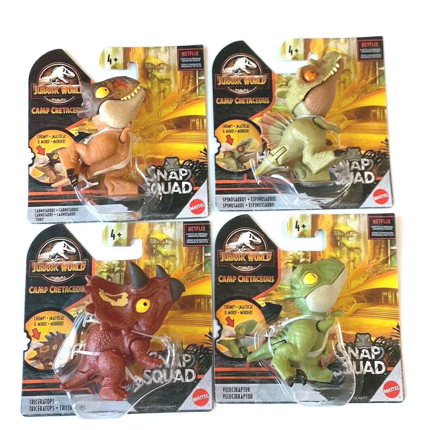 Figurine Jurassicworld 2021 Camp Cretaceous Snap Squad Bundle Set (Carnotaurus, Spinosaurus, Triceratops, Velociraptor) - Target