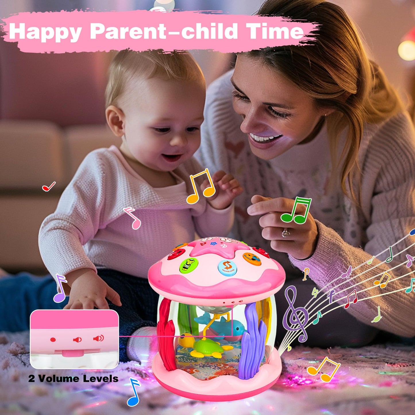 Hapyland Baby Toys 6-12 Months Girl Gifts: Babies Ocean Rotating Light Up Musical Toys For Toddlers 1 2 Year Old Crawling Learning Infant Toys 6 7 8 9 10 11 12 Months Old Baby Girl Gift (Pink)
