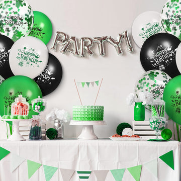 16 Pcs Green Black Confetti Latex Decoration Balloons, 12 Inch Green White Black Happy Birthday Party Balloons For Green Black Jungle Safari Themed Birthday Soccer Football Graduation Party Supplies