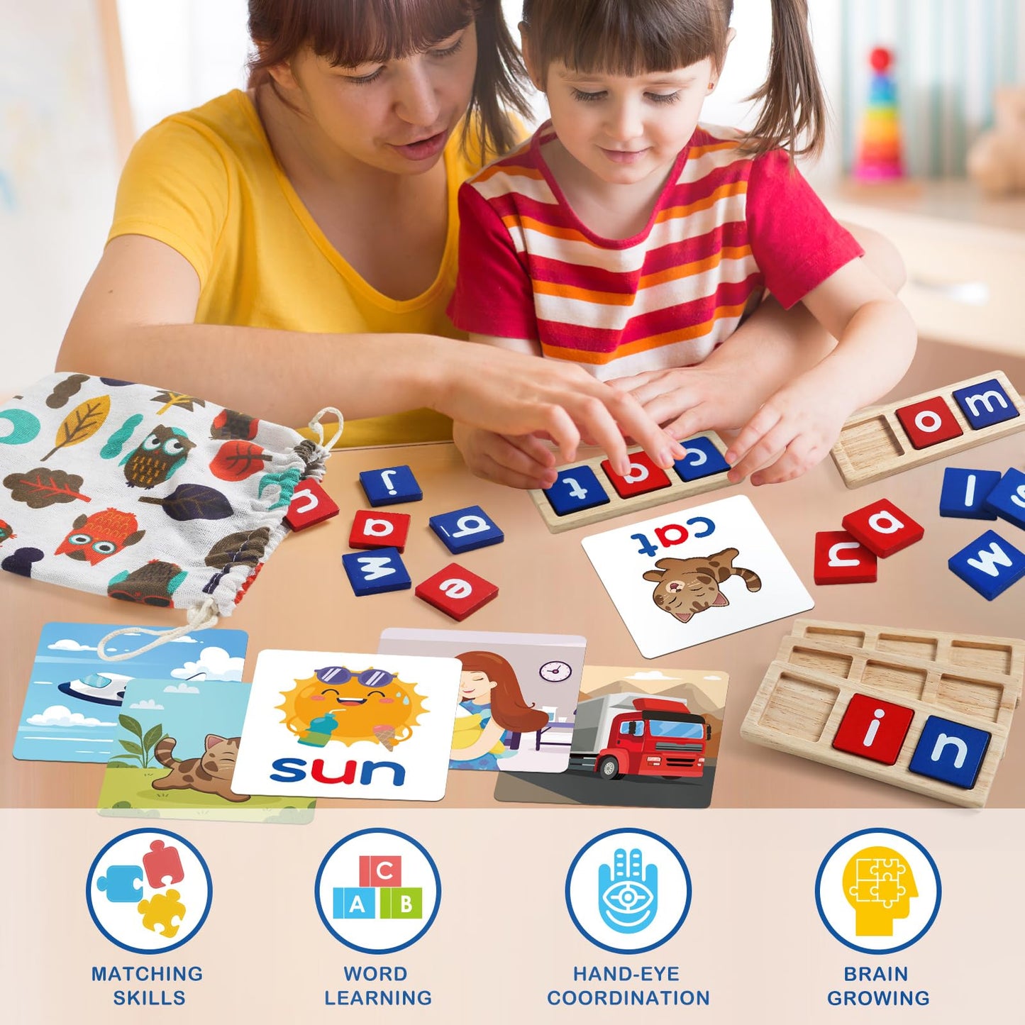Letapapa CVC Word Educational Toy - Spelling Games & Sight Words Flash Cards for Preschool Kids (3-6 Years) - Montessori Learning Activities