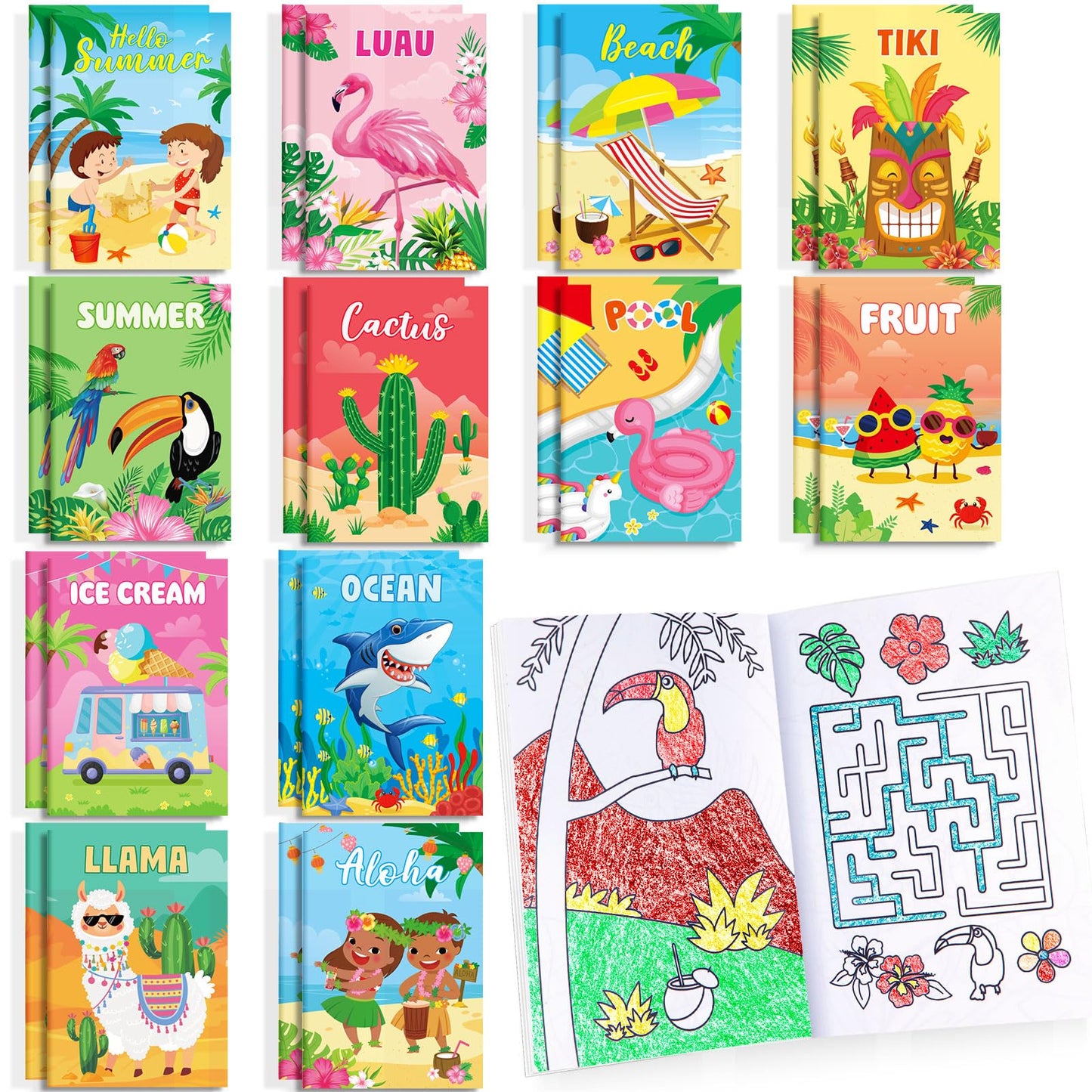24 Pcs Summer Mini Coloring Books Birthday Party Favors Drawing Book Bulk For Kids Ocean Beach Flamingo Watermelon Fruit Pool Pa