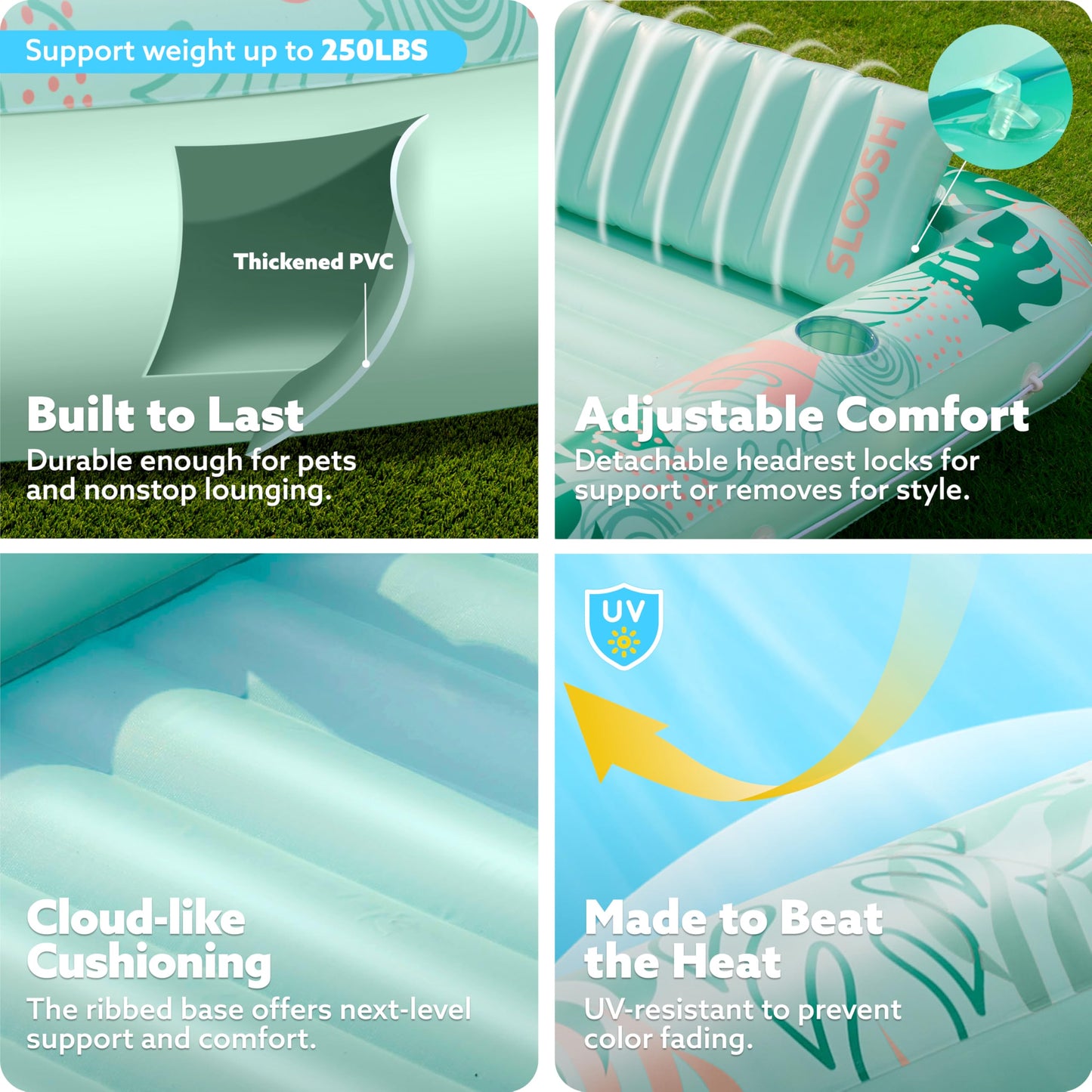 SLOOSH Inflatable Tanning Pool Lounger Float 70 x 46 Pool Floats mature-themed with Pillow 4 in 1 Suntan Tub Raft Floatie Sunbathing Bed Lounge for Water Blow Up Kids Ball Pit Party Gifts L-Aqua Blue