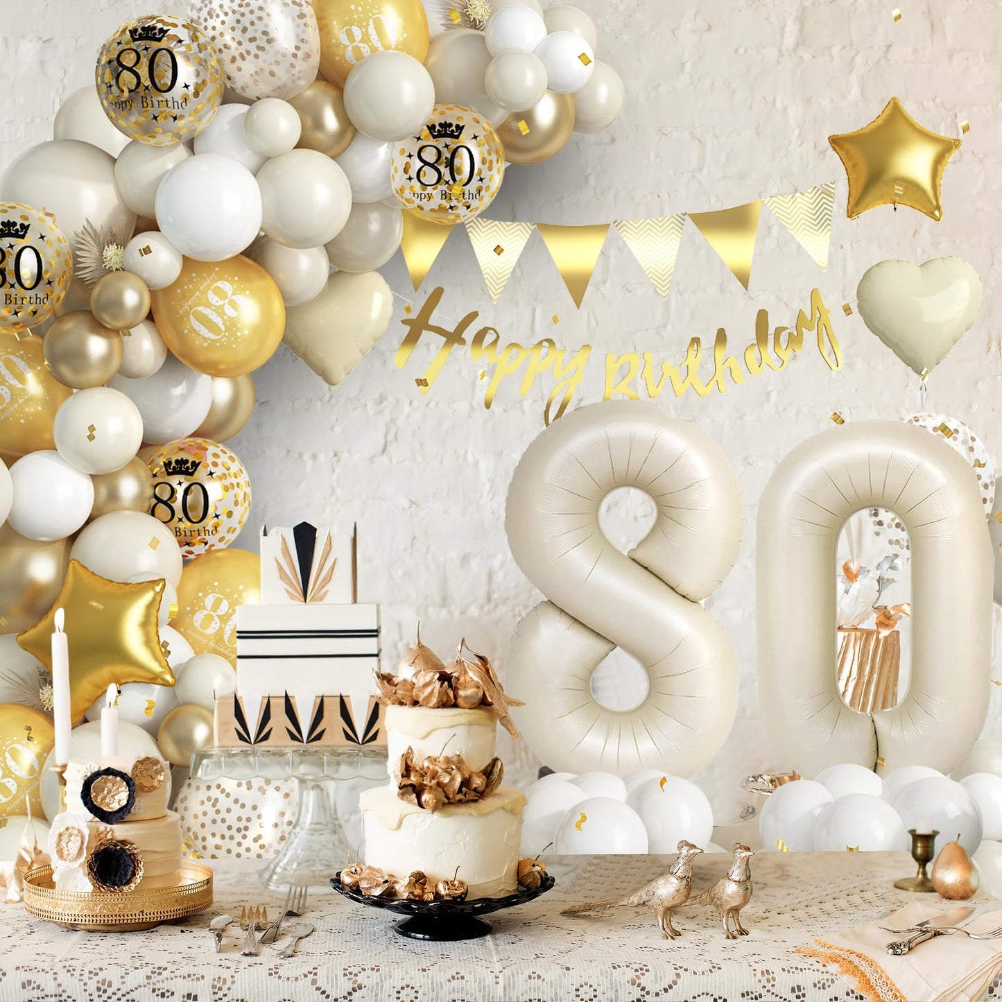 Dagelar 80th Birthday Decorations Kit - Sand White Gold Balloon Arch with Foil Balloons & Banner for Men & Women Party