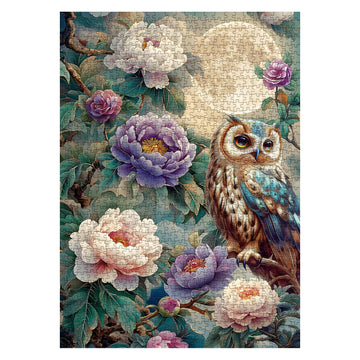 Vintage Owl Puzzles For Adults 1000 Pieces, Pretty Flower Nature Plant Peony Jigsaw Puzzles, Art Beautiful Bird Moon Floral Puzz