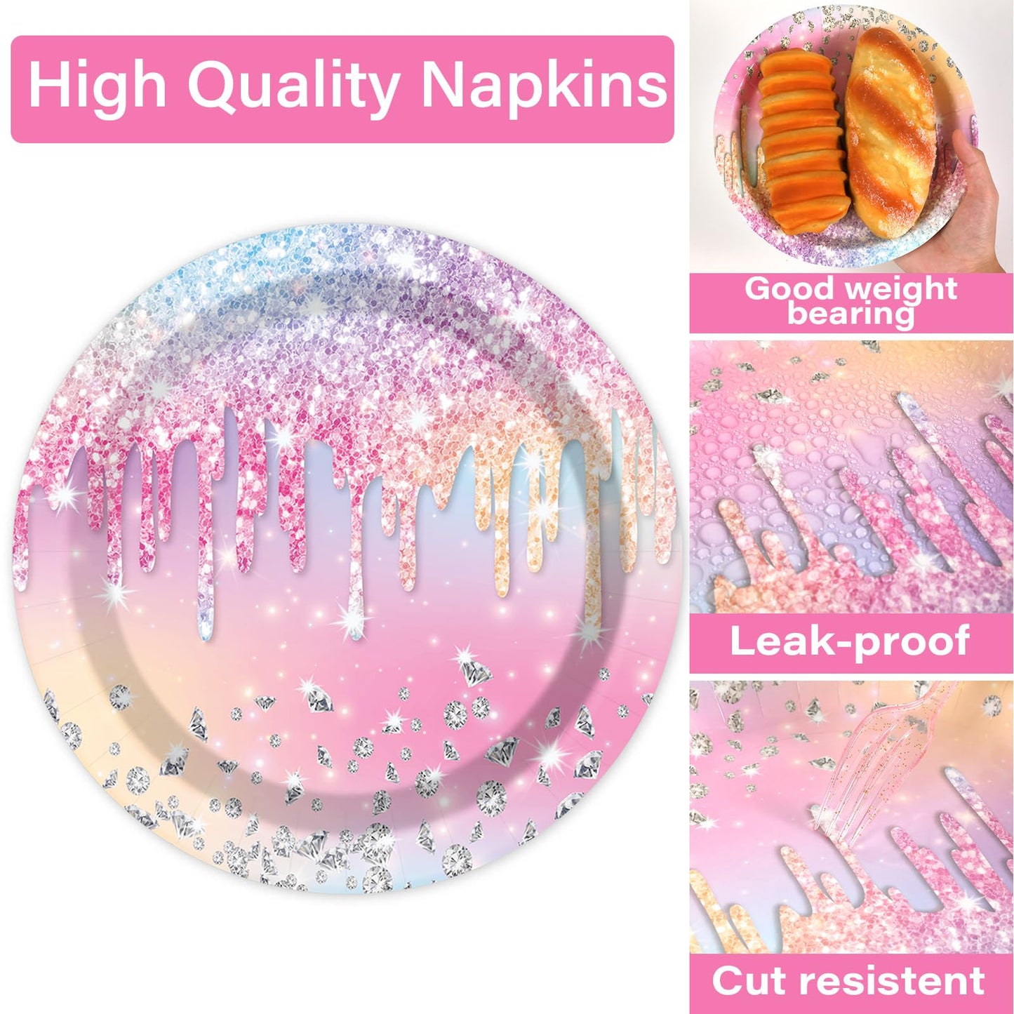 Qyeahkj 100Pcs Iridescent Diamond Birthday Party Plates Napkins Forks Supplies Set Holographic Tableware Party Supplies Gem Ston