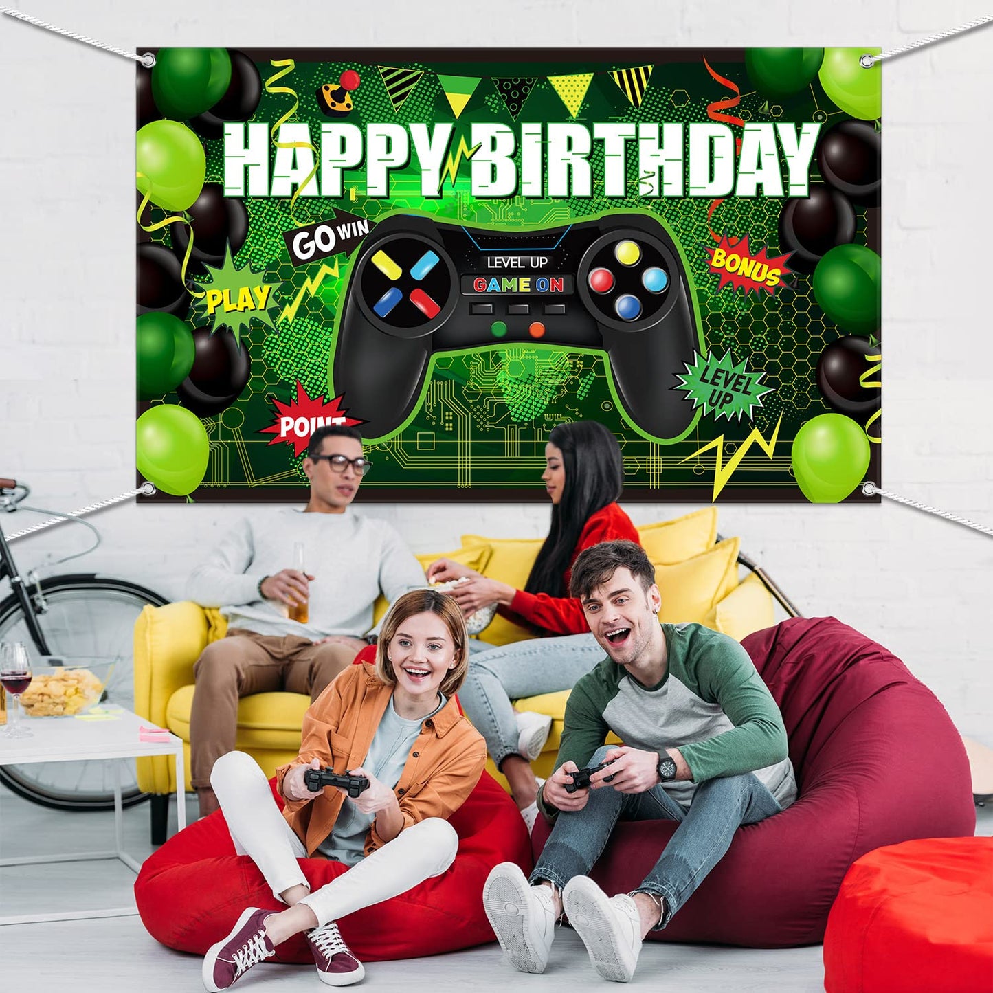 Blulu Video Game Happy Birthday Backdrop Game On Birthday Banner Level Up Gaming Theme Party Background Photo Props For Party Wall Decorations Supplies(Green)