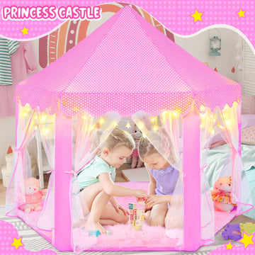 Kixinwa Pink Princess Tent For Girls, Kids Play Tent With Led Small Star Lights, Castle Playhouse Tent For Children Toddlers Ind