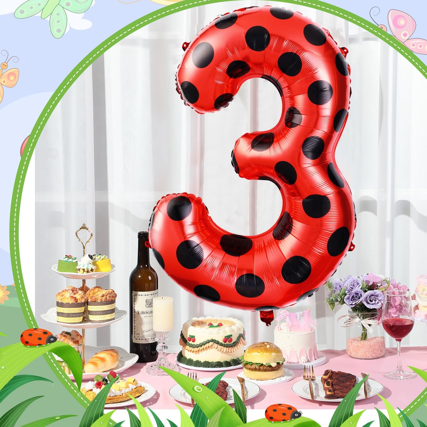Lunmon Ladybug 40Inch Number 3 Balloon, Polyester, Black Red Polka Dots, Birthday, Baby Shower Decorations, Children, Unisex