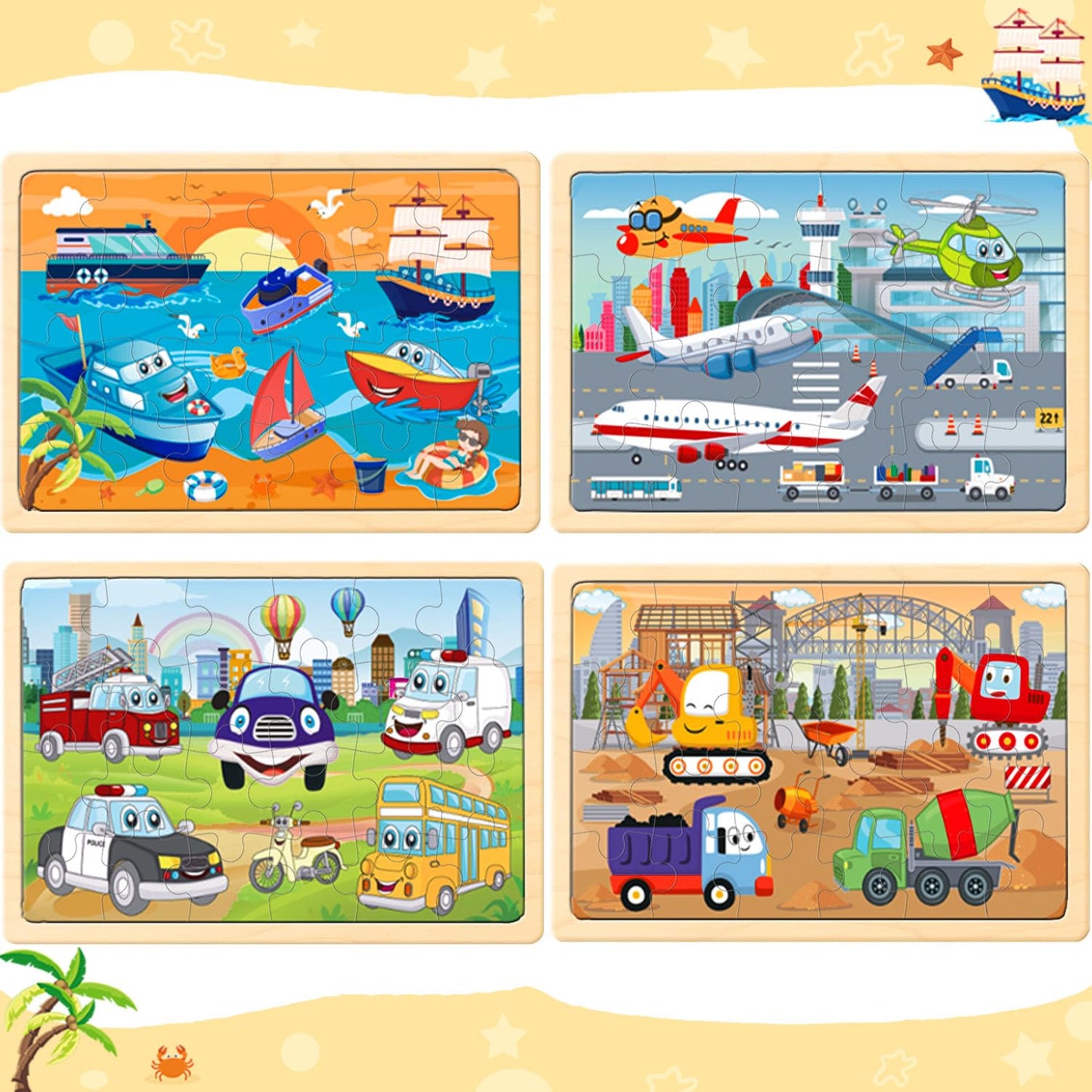 Puzzles For Kids Ages 4-6,24 Pieces Wooden Puzzles For Toddlers Ages 3-5 4-8 3 4 5 6 3-4 Year Olds.4 Pack Car Puzzle Set Childre