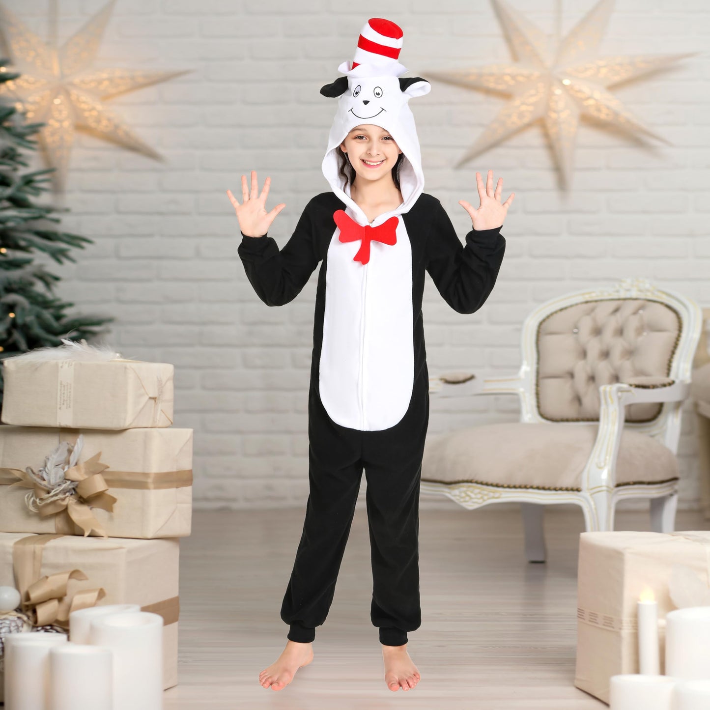 Rabtero Kids Cat In The Hat Costume, Girls Book Character Costume, Boys Dr Seuss Costume, Children Animal Onesie Novelty One-Piece Pajamas, Halloween Christmas Cosplay Costume For Kids 8-10