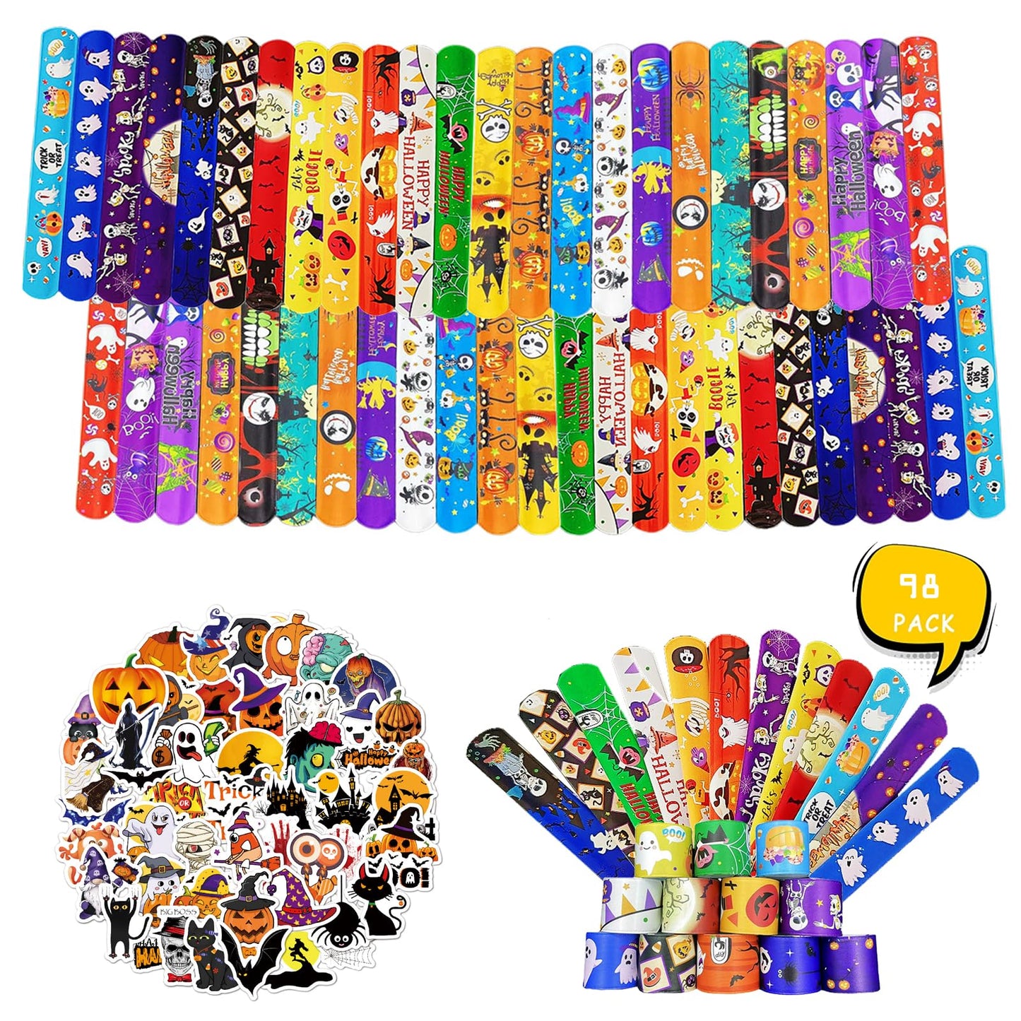 hoomdabox 98 Pcs Halloween Party Supplies, Including 48 Halloween Slap Bracelets Bulk Slap Bands and 50 Halloween Stickers for H