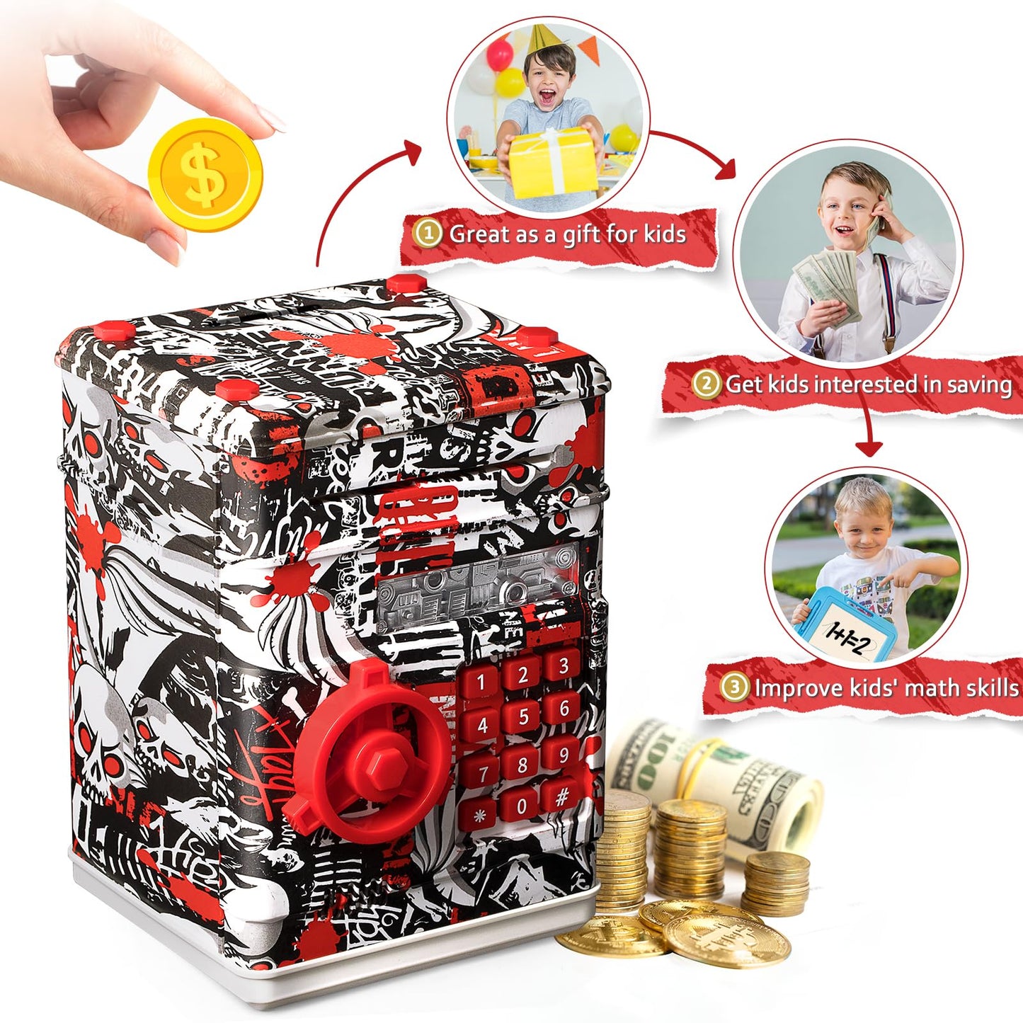 ATM Piggy Bank for Boys Girls Vcertcpl Mini ATM Coin Bank Money Saving Box with Pasdecorative replica blade Kids Safe Money Jar for mature-themeds with Auto Grab Bill Slot Great Gift Toy Bank for Kids