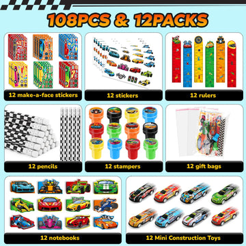 BenLouis 96Pcs Race Car Party Favors Racing Theme School Stationery Set Bulk for Kids Fast Racecar Wheel Birthday Party Goodie B