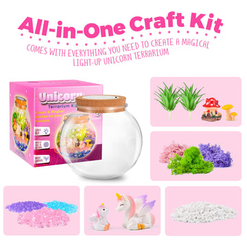 Unicorn Gifts For Girls - Light Up Unicorn Terrarium Kit For Kids - Diy Unicorn Arts & Crafts Toy - Birthday Gifts For Kids Age 5 6 7 8-12 Year Old Girl Gift