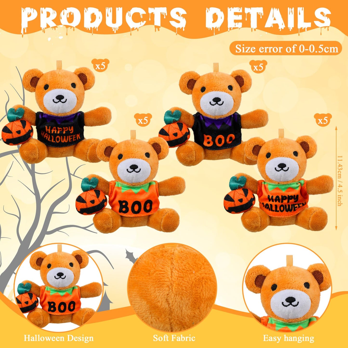 Roundfunny 20 Pcs Halloween Stuffed Animals Bears Bulk 4.5 Inch Mini Plush Bears With Halloween T-Shirt And Jack O Lantern Mini
