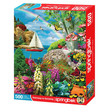 Springbok Stairway To Serenity 500 Piece Jigsaw Puzzle For Adults By Arist Alan Giana - Colorful Garden By The Ocean - Finished Size 23.5' X 18'