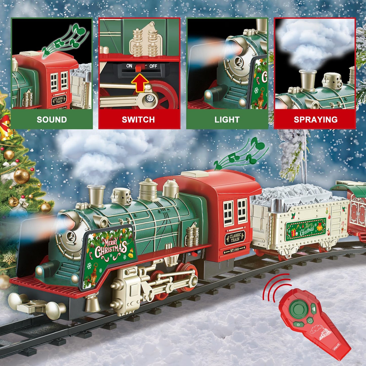 Juqu Train Set, Christmas Train With Remote Control Train Toys W/Smoke, Whistle & Lights, Christmas Train Sets For Around The Tr