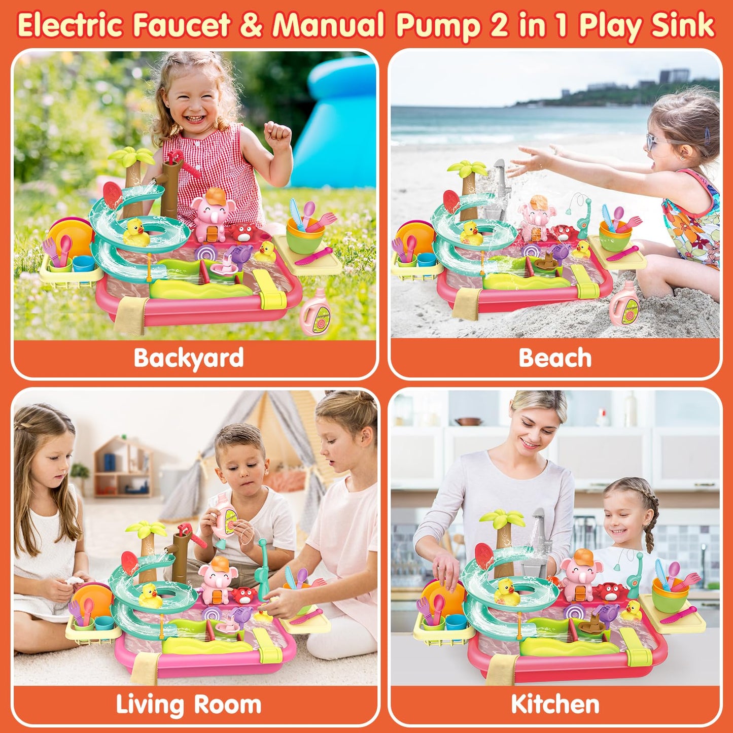VATOS Electric Faucet Manual Pump 2 in 1 Play Sink with Running Water, Duck Slide Water Table Kitchen Sink Toy, Floating Pool To