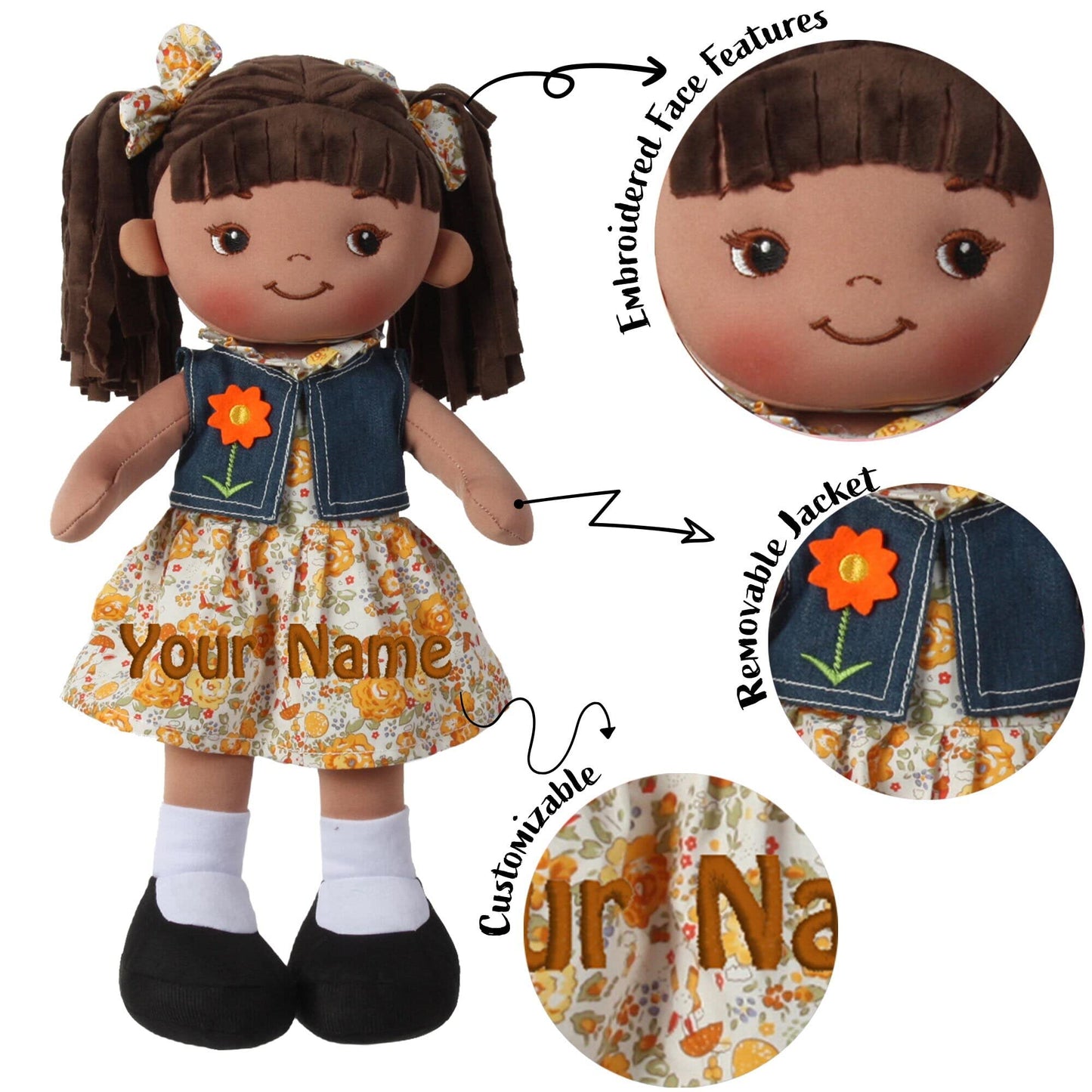 Personalized Snuggle Dolls, Custom Soft Brunette Baby Rag Doll, Blue Jacket Dress, 16 Inches, Muecas De Trapo Personalizadas Par