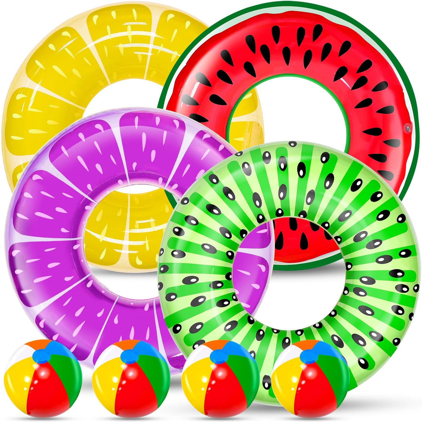 8 Pack Inflatable Pool Floats Kids, 4 Pcs Fruit Swim Tubes Rings and 4 Pcs Beach Balls, Pool Floaties Summer Hawaiian Beach Toys