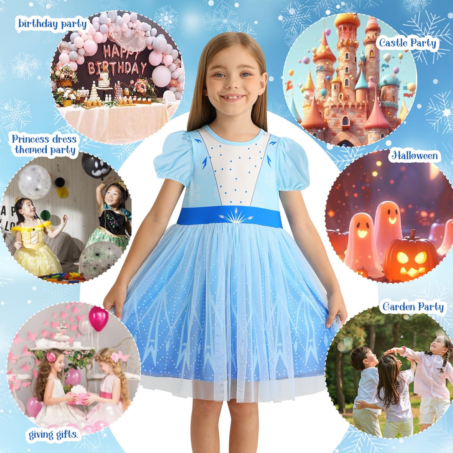 Benylion Princess Dress For Girls Princess Dresses Party Wear Puff Sleeve Tulle Dress For 5-6 Years,Paleblue