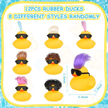 Rubber Ducks Bath Toys with Wig and Black Sunglasses, 12 PCS Cute and Funny Mini Rubber Ducks Bathtub Toys Shower Toys for Birth