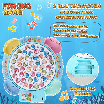 Pakoo Magnetic Fishing Game - Rotating Board Game with Music, 45 Fishes & 8 Poles, Colorful Fun for Kids Ages 3-7