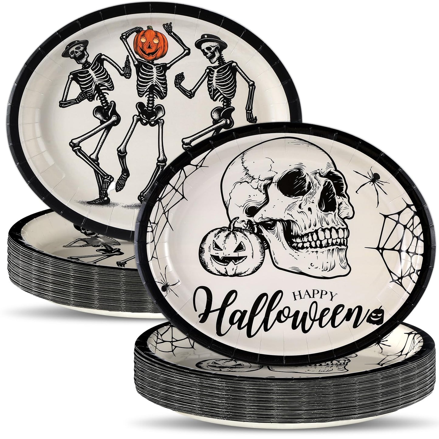 50pcs Halloween Gothic Party Supplies Smile Pumpkin Victory Gothic Skeleton Oval Paper Plates 11 x 9in Halloween Disposable Tabl