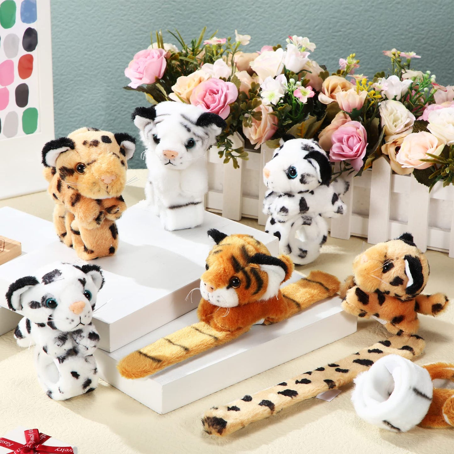 Lenwen 8 Pcs Tiger Leopard Stuffed Animals Slap Bracelets for Kids Plush Animal Cute Wrist Slap Bands for Birthday Party Favors