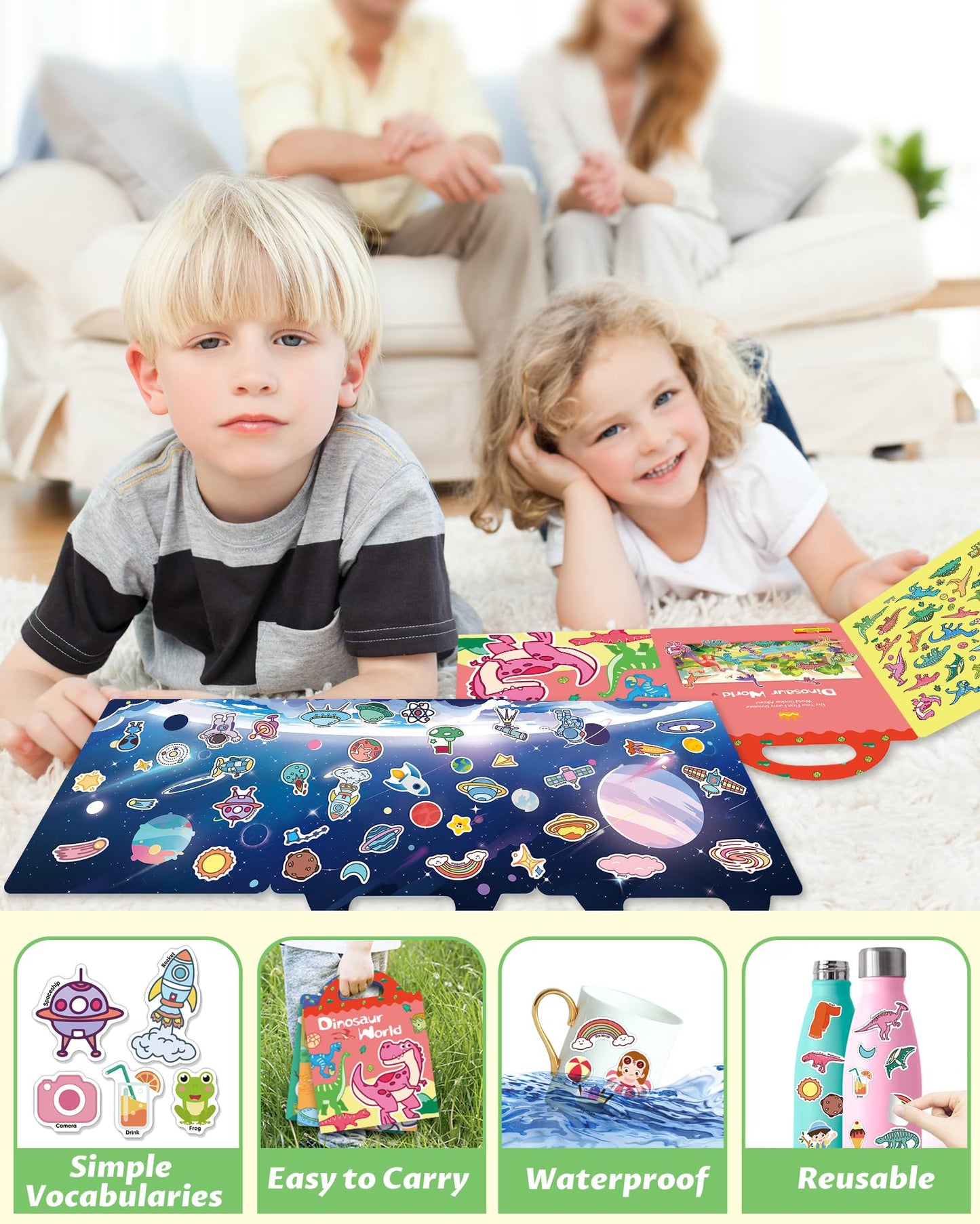 Walenced Reusable Sticker Book for Toddlers, Vinyl Stickers for Kids 1-4 Years, Multi-Color, Model FR-888, Perfect Travel Activity