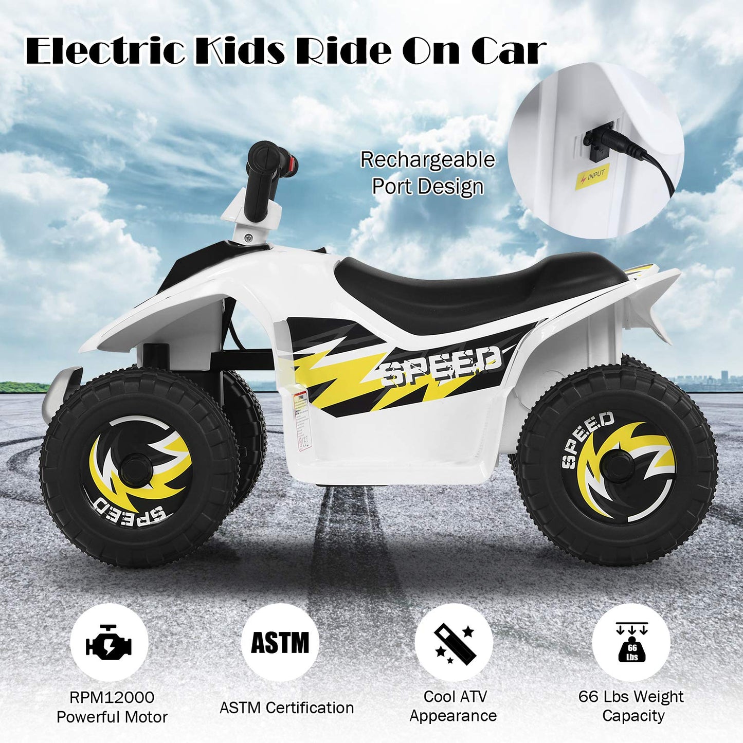 OLAKIDS Kids Ride On ATV 6V Motorized Quad Toy Car for Toddlers 4 Wheeler Battery Powered Electric Vehicle for Boys Girls with Forward/Reverse Switch Anti-Slip Wheels (White)