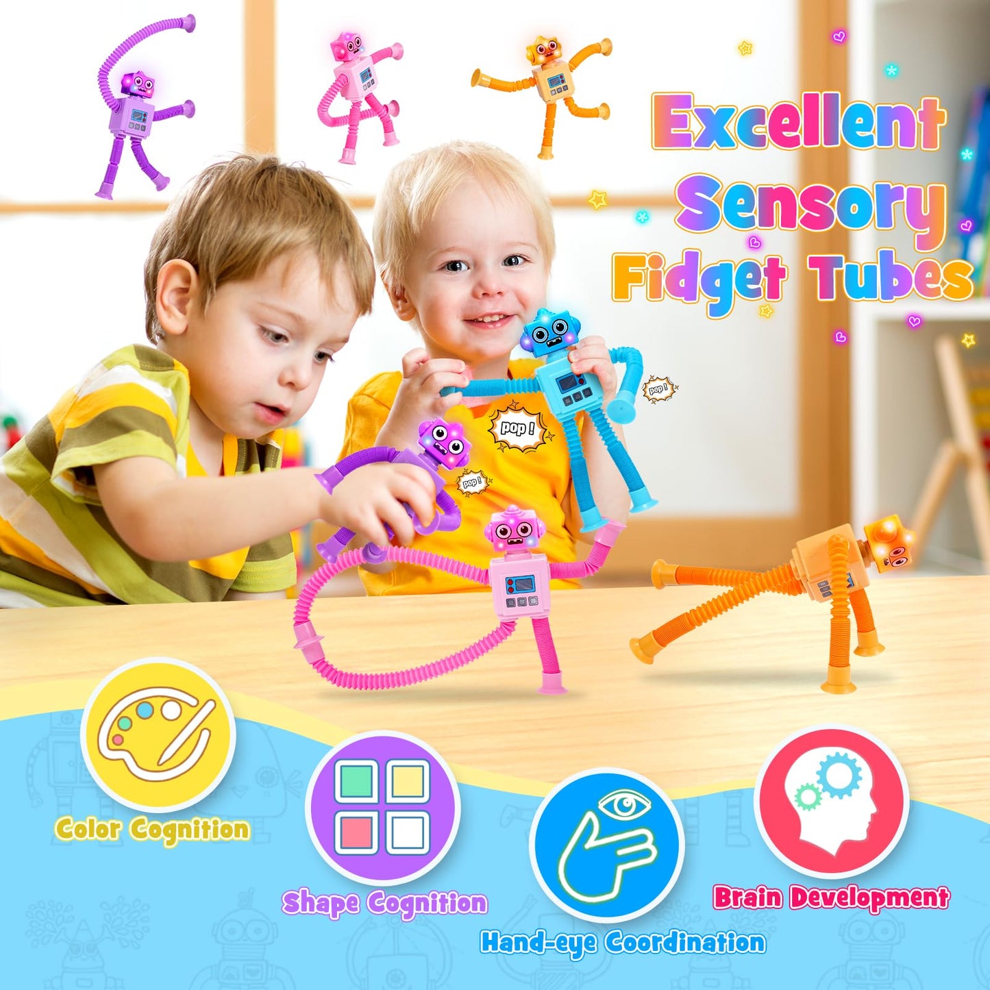 Delighkidz Robot Fidget Toys For Kids : 4 Pack Led Robotic Pop Tubes Telescopic Suction Cup Sensory Toy For 2 3 4 5 6 7 8 Year Old Boys Girls Easter Birthday Gifts For Kid Ages 2-4 Toddler Travel Toy