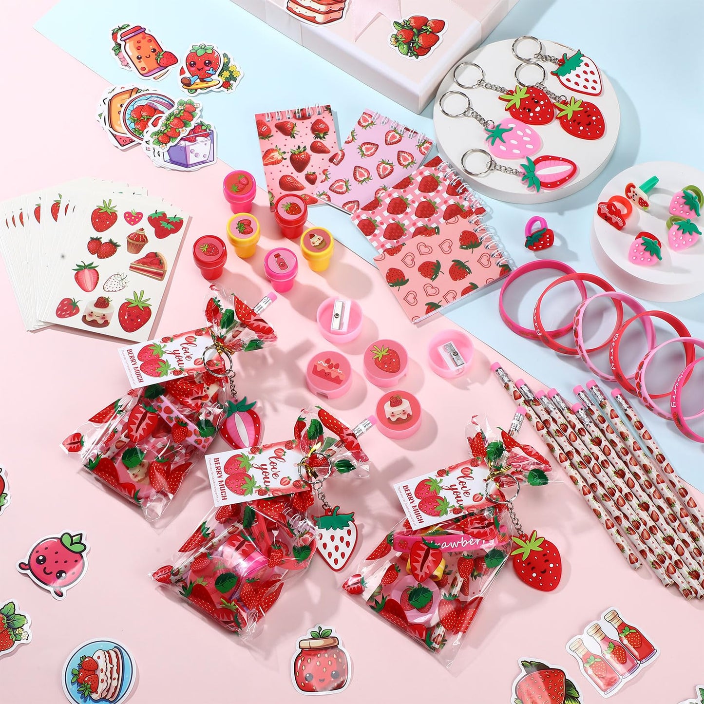 Sayglossy Strawberry Party Favors Set - 251 Pcs Gift Bags, Pencils, Notebooks, Bracelets, Keychains, Stickers - Perfect for Birthdays & Showers